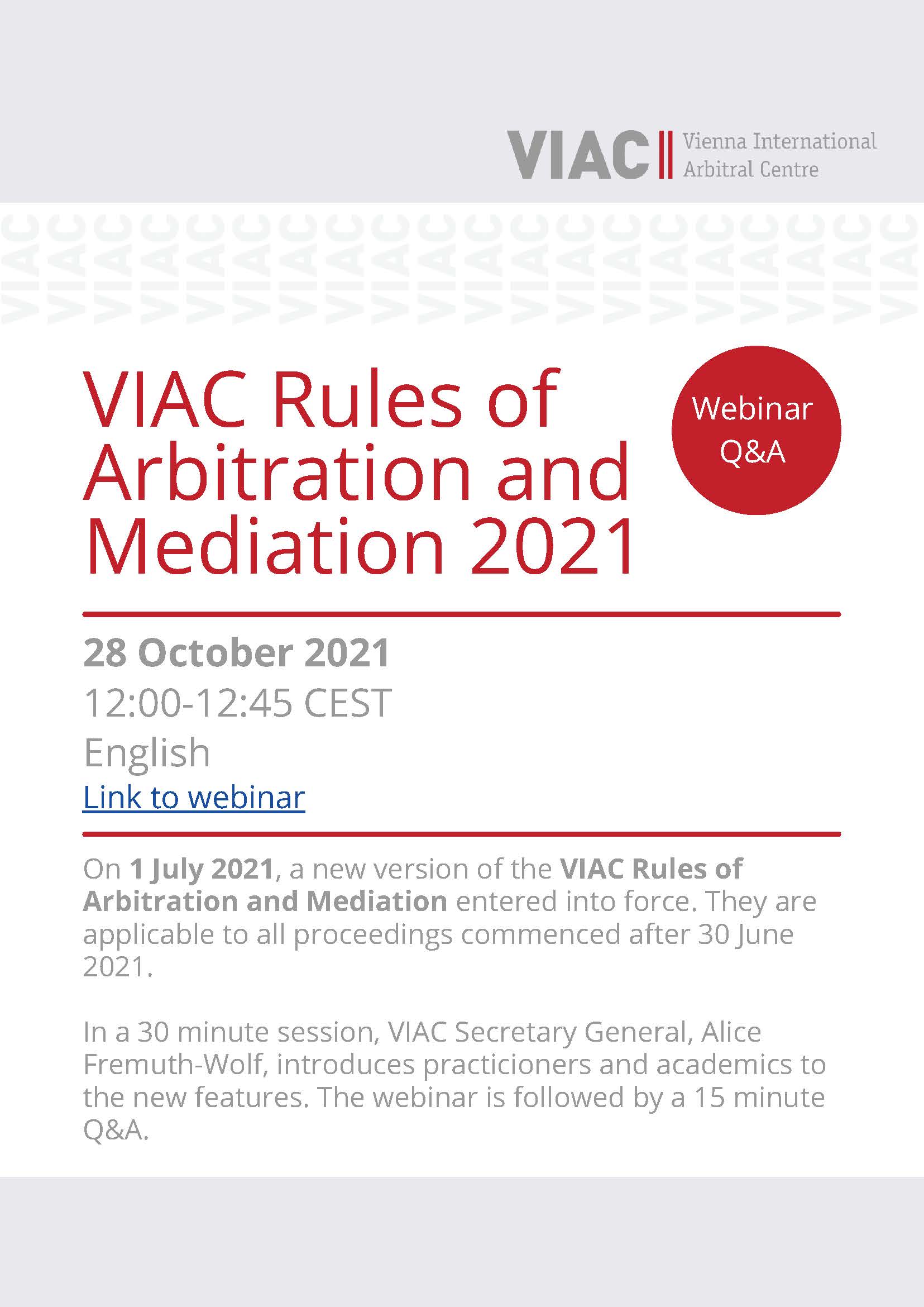 Flyer VIAC Rules of Arbitration and Mediation 2021 EN