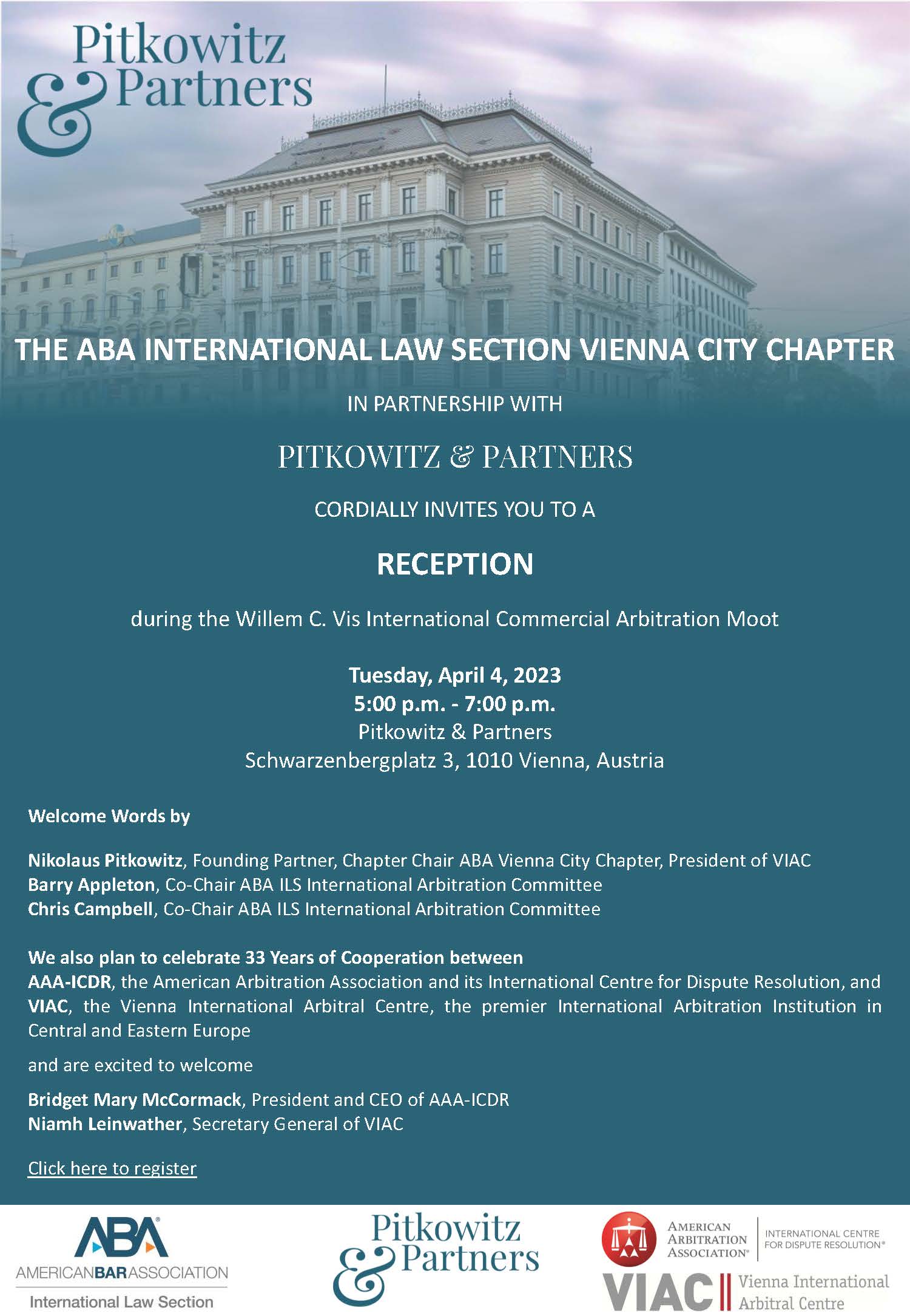 Invitation ABA Reception at the Vis Moot 4 April 2023